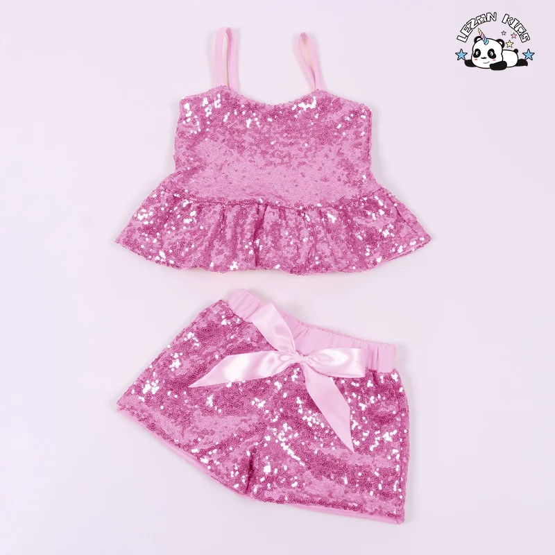 LEZONKIDS - Custom Logo Summer Girls Casual Cotton Suspender Vest Sequins Top Shorts Suit